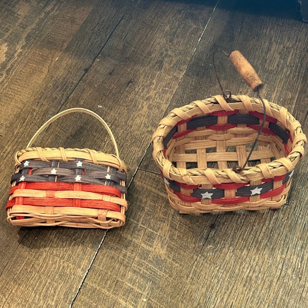 Handcrafted Patriotic Americana Miniature Woven Baskets Set of 2 Stars Stripes